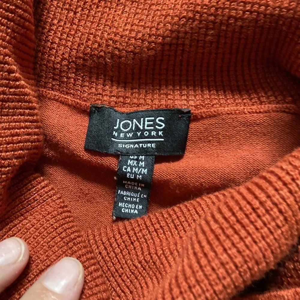 Jones New York Signature Rust Orange Waffle Knit Cowl Neck Drawstring Sweater M
